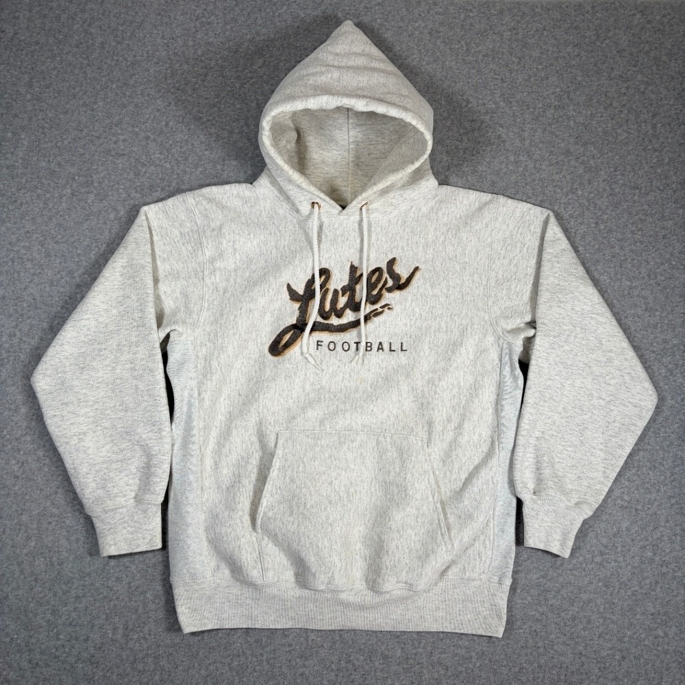 Vintage PLU Lutes Football Reverse Weave Pullover Hoodie Men L Embroidered Gray
